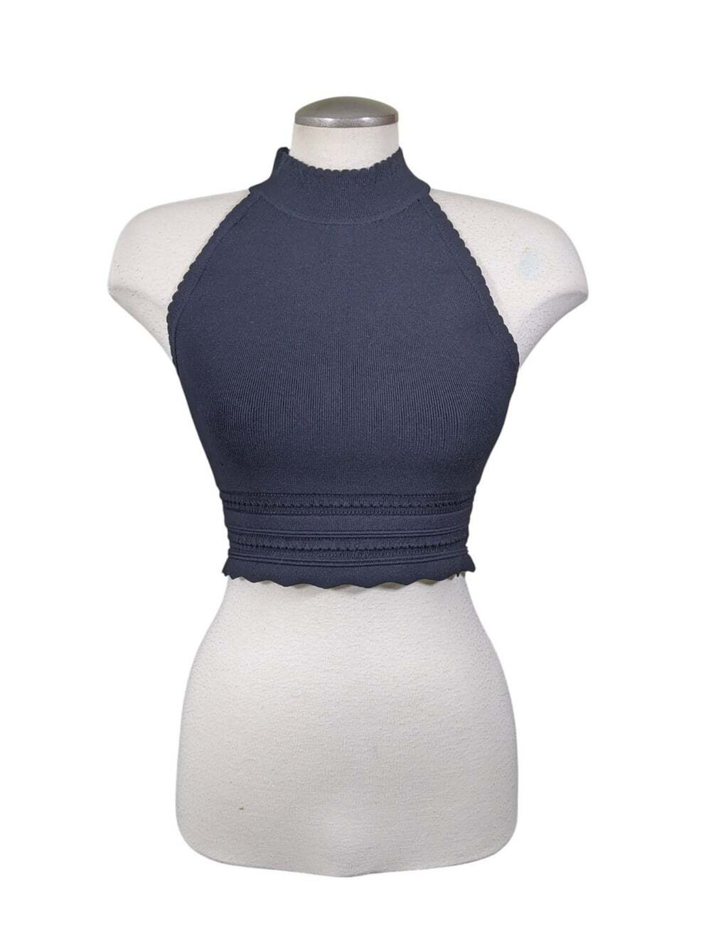 Babaton Sculpt Knit Halter Top Black Ribbed Sleeveless Crop Tank Mock Neck